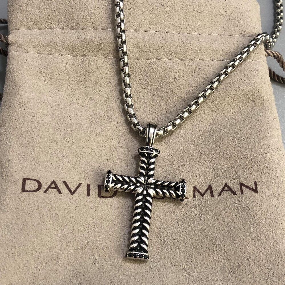 CHEVRON CROSS PENDANT IN STERLING SILVER WITH PAVÉ BLACK DIAMONDS